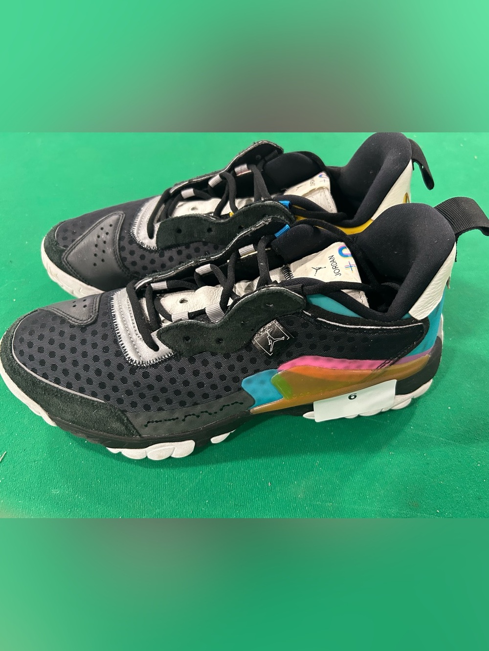 Jordan Kids Black Sneakers with Teal, Pink & Gold Accents